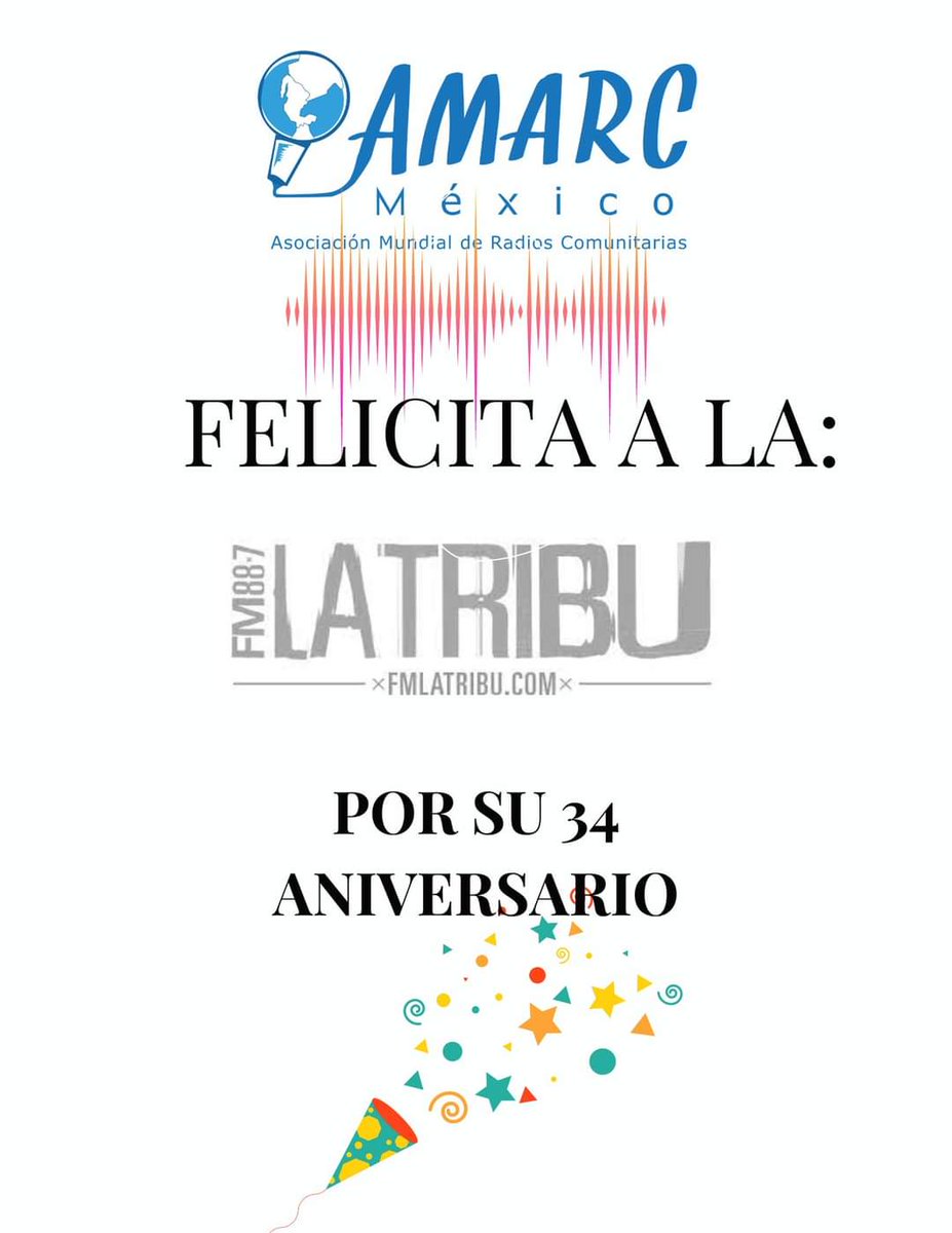 MujeresAMARCMX's tweet photo. ¡Desde AMARC-MÉXICO les mandamos muchas felicitaciones por su #34AñosEncendida! Que vengan muchos más para 
La Tribu 88.7 FM,  fundada en Buenos Aires el 19 de junio de 1989.
Una radio comunitaria y de comunicación alternativa referente para la región. 

 ¡Sin aire no hay fuego! https://t.co/WtSZgoK4pM