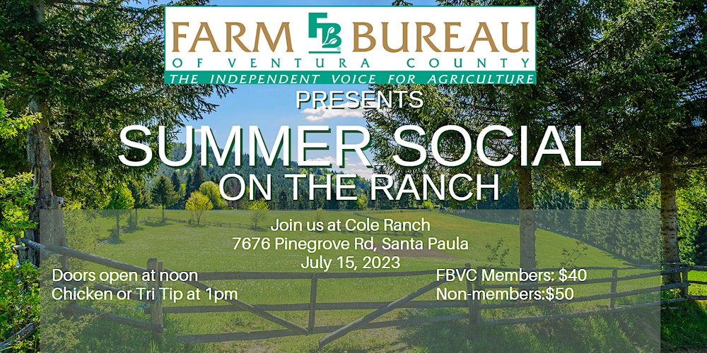 Farm Bureau of Ventura County is ready to celebrate with a casual BBQ at Cole Ranch. Nothing says summer like BBQ Chicken, Tri-Tip, Mac &amp; Cheese and a cold one!

July 15th!

To RSVP:
cash/check, please call us at 806-289-0155
To pay with card visit:
bit.Ly/FBVCBBQ2023