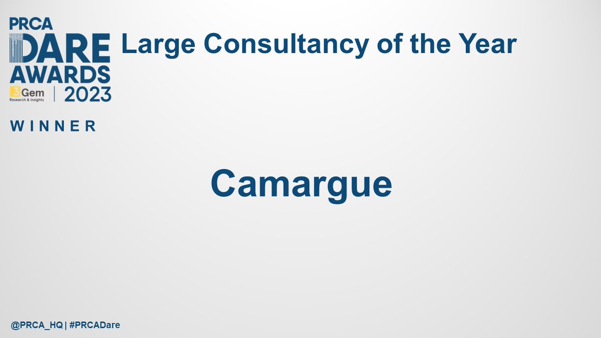 🏆 Large Consultancy of the Year Award 🏆

Last but certainly not least, congratulations to @CamargueUK for winning the prestigious Large Consultancy of the Year Award. Terrific work and wonderful team effort! #PRCADare #PRCA_HQ 🥂