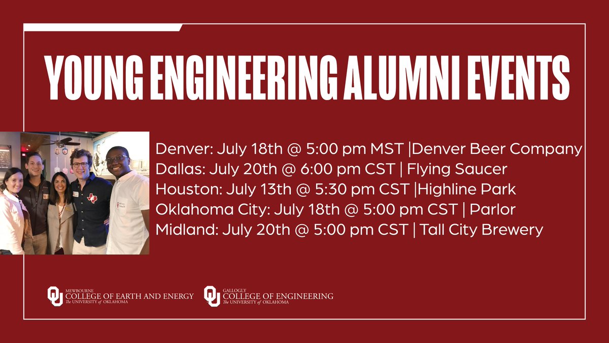 ENGINEERINGatOU's tweet photo. Did you know you are an engineering young alumni if you are age 39 and under? Summer events are scheduled. Save your spot here: https://t.co/ALqub1DVI3
#OUEngineering #OUYEA https://t.co/t4gAnXAcP6