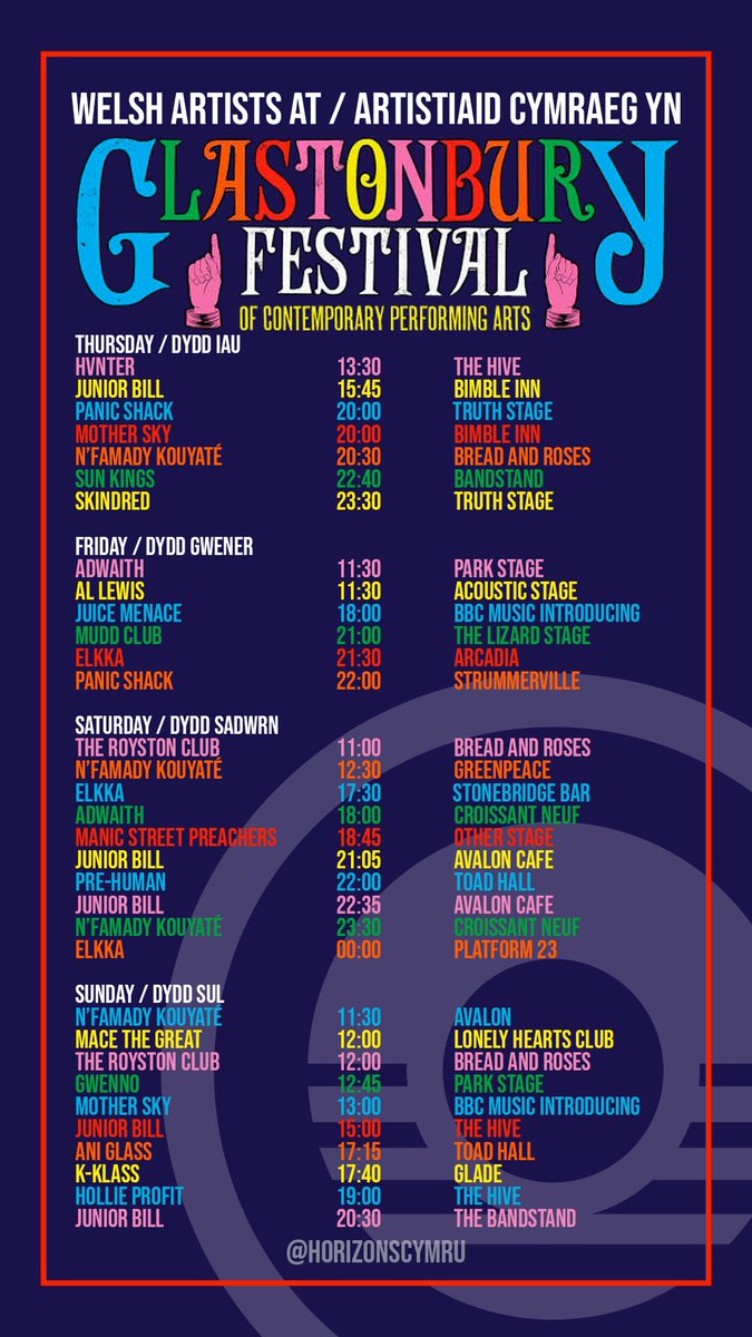 🏴󠁧󠁢󠁷󠁬󠁳󠁿 Cymru 🤝 <a href="/glastonbury/">Glastonbury Festival</a> 🎪

Pob lwc <a href="/adwaithmusic/">Adwaith</a> <a href="/allewismusic/">Al Lewis</a> <a href="/Ani_Glass/">Ani Glass</a> <a href="/ElkkaMusic/">ELKKA</a> <a href="/gwennosaunders/">G W E N N O</a> <a href="/HollieProfitDJ/">Hollie Profit</a> @iamhvnter @juicemenace <a href="/juniorbillmusic/">Junior Bill</a> @Kklassuk <a href="/macethegreat_/">Mace The Great</a> <a href="/Manics/">Manic Street Preachers</a> <a href="/wearemothersky/">MOTHER SKY</a> <a href="/nfamady_kouyate/">N’famady Kouyate</a> <a href="/panicshack/">Panic Shack</a> <a href="/Skindredmusic/">Skindred</a> <a href="/TheRoystonClub/">The Royston Club</a> ❤️🏴󠁧󠁢󠁷󠁬󠁳󠁿