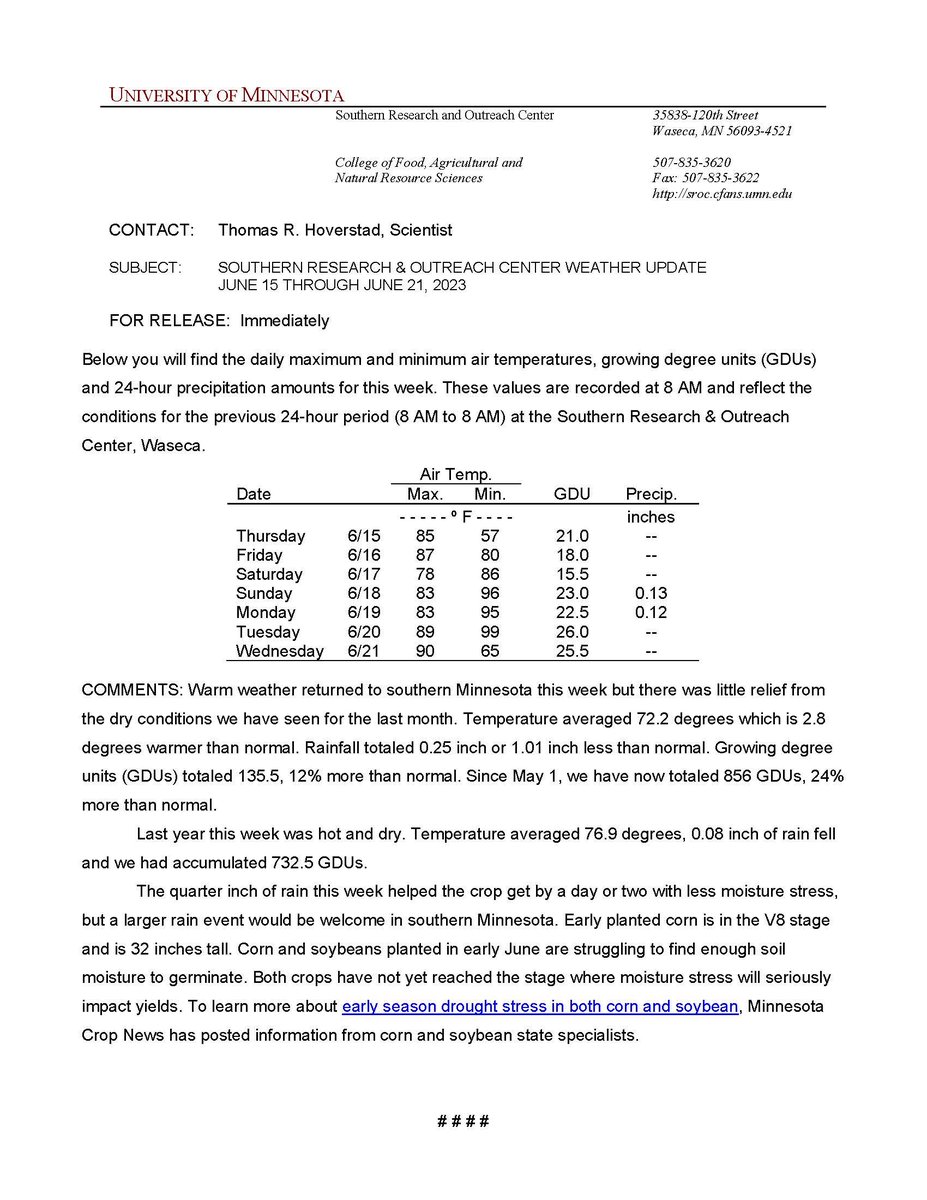 Here is the Crop Weather Update for the week!

Both corn and soybeans are not yet in the stage where moisture stress will impact yields, but to learn more about this early moisture stress, read more from the Minnesota Crop News.

https://t.co/sENjYWCiqu https://t.co/Z3Q99jo1cb