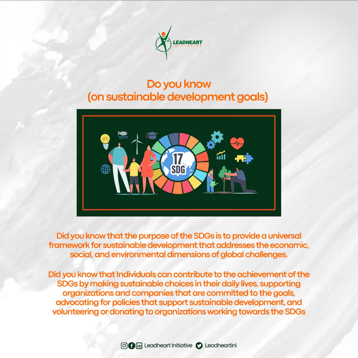 LeadheartIni's tweet photo. "Success in achieving the Sustainable Development Goals requires a collective commitment to create a world where no one is left behind. Let us strive for progress that is inclusive, sustainable, and equitable, ensuring a brighter future for generations to come." https://t.co/IAMuBkOVY7