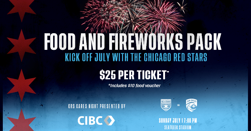 theChicagoStars's tweet photo. Start your July off right with the Chicago Red Stars, Food &amp; Fireworks! 🎆

The Chicago Red Stars take on the San Diego Wave, Saturday, July 1st at 7:00pm, on CRS Cares/Fireworks night presented by @CIBC_US 🤝