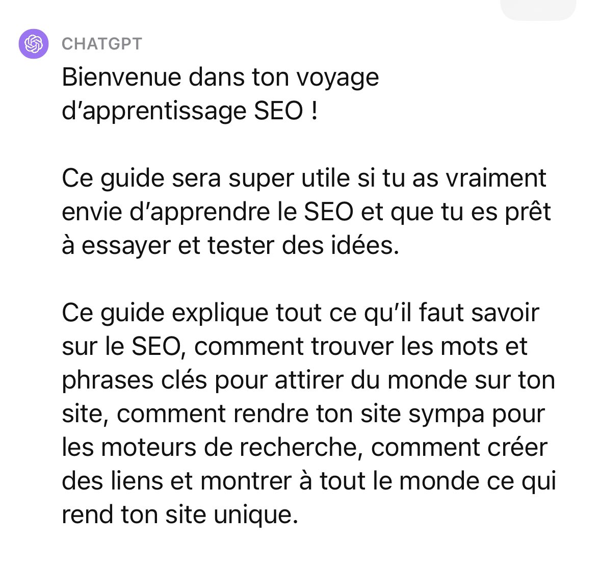 Somebody asked me why I used ChatGPT rather than Google to translate.

As an (unscientific) test, I asked a native French speaker to rate the translations of each using a few paragraphs from the Moz guide to SEO.

The answer was “they’re both really bad”.

I asked why.

“They’re
