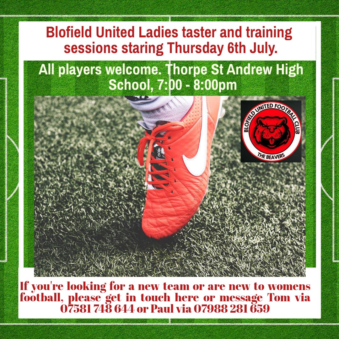 BlofieldLadies's tweet photo. Pre-season training and taster session dates are in, from Thursday 6th July, 7-8pm.

Players in all positions are invited. We've a great, friendly squad who welcomes all. 

Get in touch via the details below or on here. 
@NWGFL @WF_East https://t.co/Hc9iI9e5ww