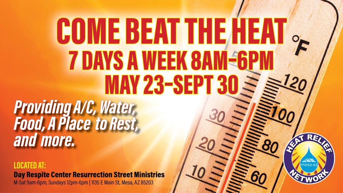 As temperatures climb above 100, stay cool with air conditioning and a place to rest at Resurrection Street Ministries, 1135 E Main St, Mesa, AZ 85203, open Monday-Saturday 9 am -6 pm and Sundays 12 pm - 6 pm. 

Find a map of cooling/hydration stations: my.mesaaz.gov/3gIoCef