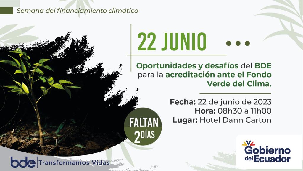 🗓️🌱 El 22 de junio de 2023 se realizará la socialización de acciones que ejecuta el @BDEcuadorBP para fortalecer las capacidades nacionales para la acreditación del Fondo Verde del Clima. 🤝

¡Trabajemos juntos por un #EcuadorEnDesarrollo sostenible! 🤝