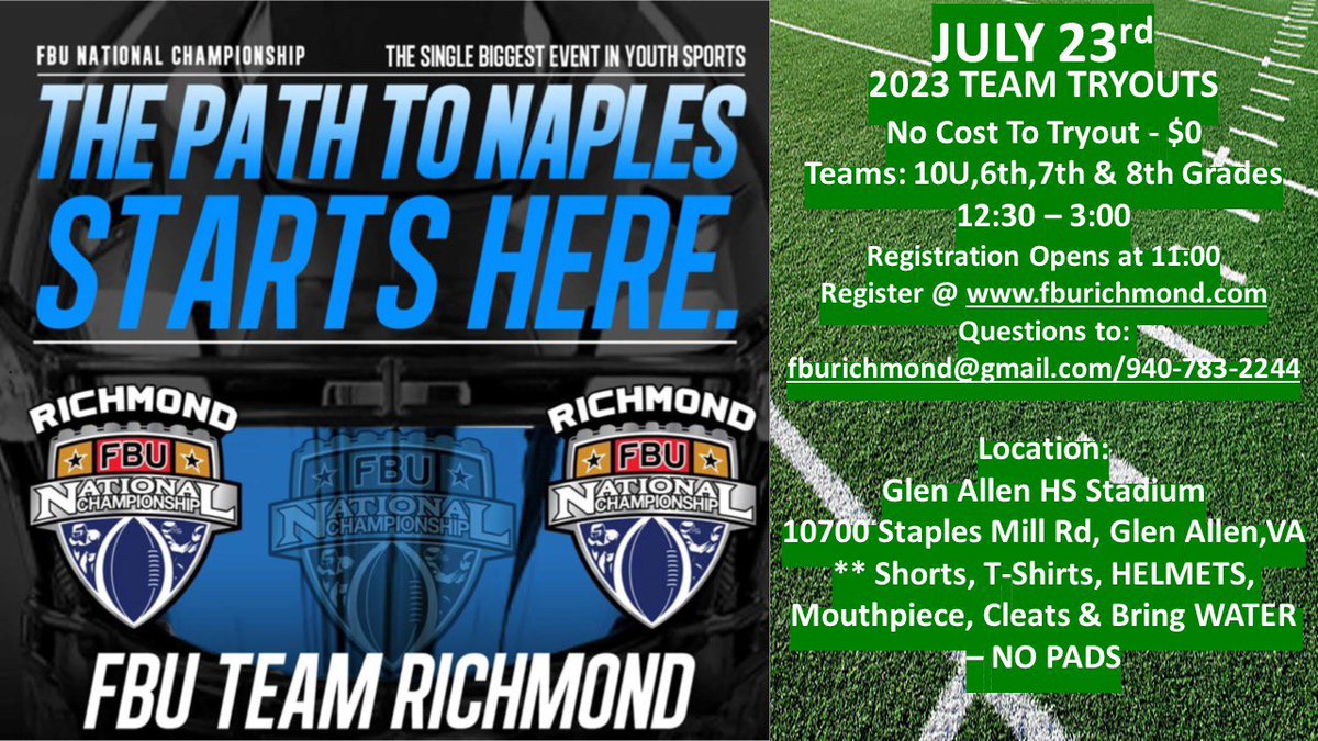 First tryout for 2023 coming for team FBU Richmond   July 23rd!!  Register at FBURichmond.com
