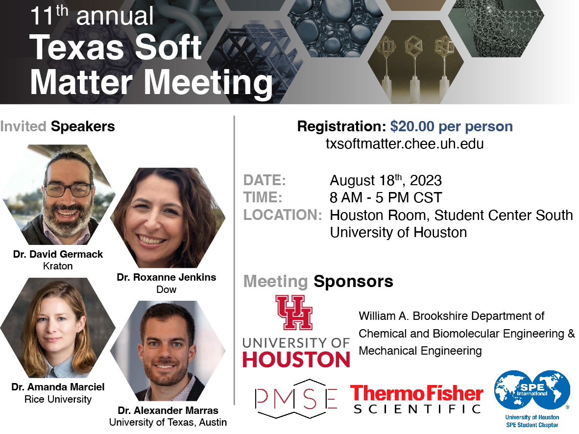 Tian "Tim" Chen (@timtianchen) on Twitter photo Explore the exciting world of #SoftMatter at the 11th Texas Soft Matter Meeting #TXSMMeeting2023! 🧪 Join us on Aug 18 at <a href="/UHEngineering/">UH Cullen College of Engineering</a> for an action-packed day of innovative research, inspiring talks and networking. txsoftmatter.chee.uh.edu Brought to you by <a href="/UH_ChBE/">UH Chemical and Biomolecular Engineering</a>, <a href="/UH_MECE/">UH Mech Engr</a> Explore the exciting world of #SoftMatter at the 11th Texas Soft Matter Meeting #TXSMMeeting2023! 🧪 Join us on Aug 18 at <a href="/UHEngineering/">UH Cullen College of Engineering</a> for an action-packed day of innovative research, inspiring talks and networking. txsoftmatter.chee.uh.edu Brought to you by <a href="/UH_ChBE/">UH Chemical and Biomolecular Engineering</a>, <a href="/UH_MECE/">UH Mech Engr</a>