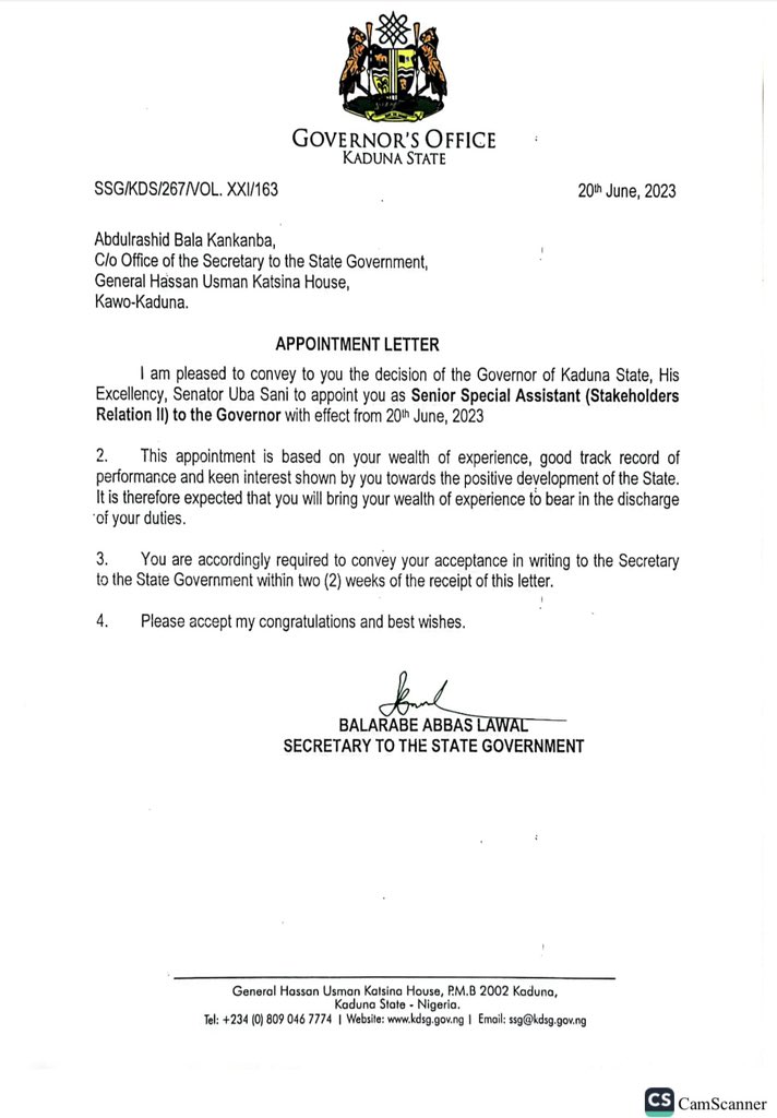 I would like to use this medium to thank my permanent and pensionable boss, His Excellency Senator @UbaSaniUs, the Governor of Kaduna for appointing four members of my campaign council. These four individuals advised and guided me during the campaign. May they serve well.