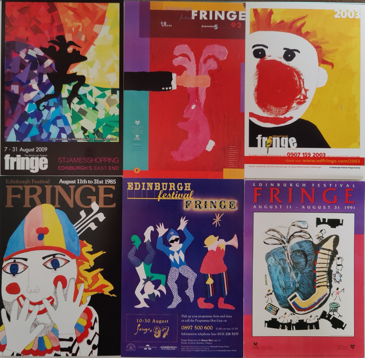 Fringe posters for 2009, 1992, 2003, 1985, 1997 and 1991. What year would you most like to go back to?  #edfringe #fringememories