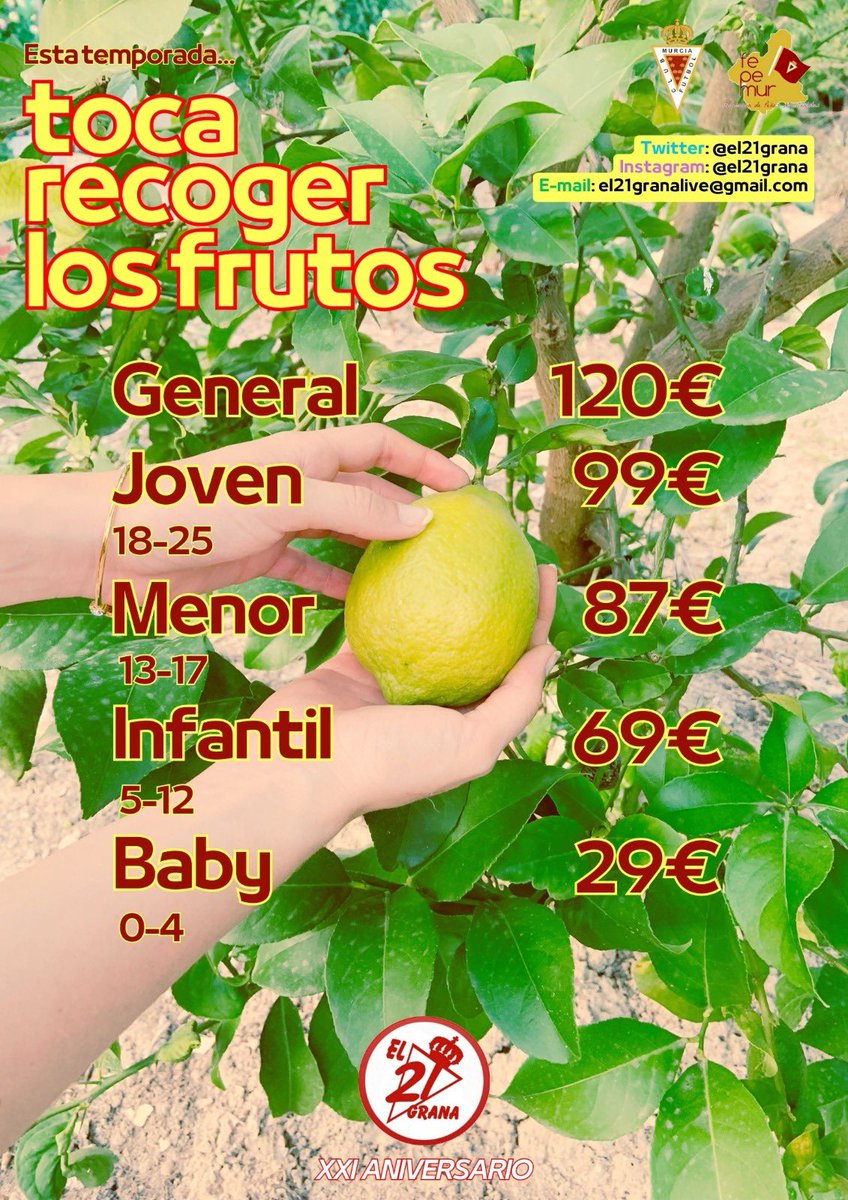 Abona tu tierra, porque este año… 🍋🌹TOCA RECOGER LOS FRUTOS🌹🍋

🚨Campaña de abonados de El Veintiuno Grana🚨: Temporada 2023-2024

🔴⚪️🔴⚪️