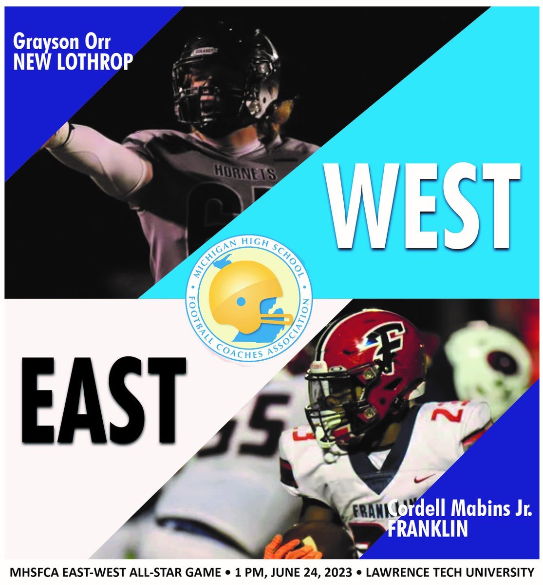 michiganhsfca's tweet photo. This Saturday 6/24, 70 of the top players across Michigan will compete in the MHSFCA East v. West All Star Game at Lawrence Tech University, Kickoff 1pm. https://t.co/CfArRUp5Je