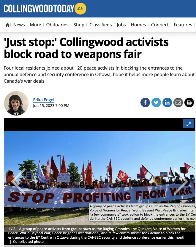 Love to see this coverage in the local paper of our incredible chapter members who drove all the way from Collingwood to our #ShutDownCANSEC protest in Ottawa!  collingwoodtoday.ca/local-news/jus…