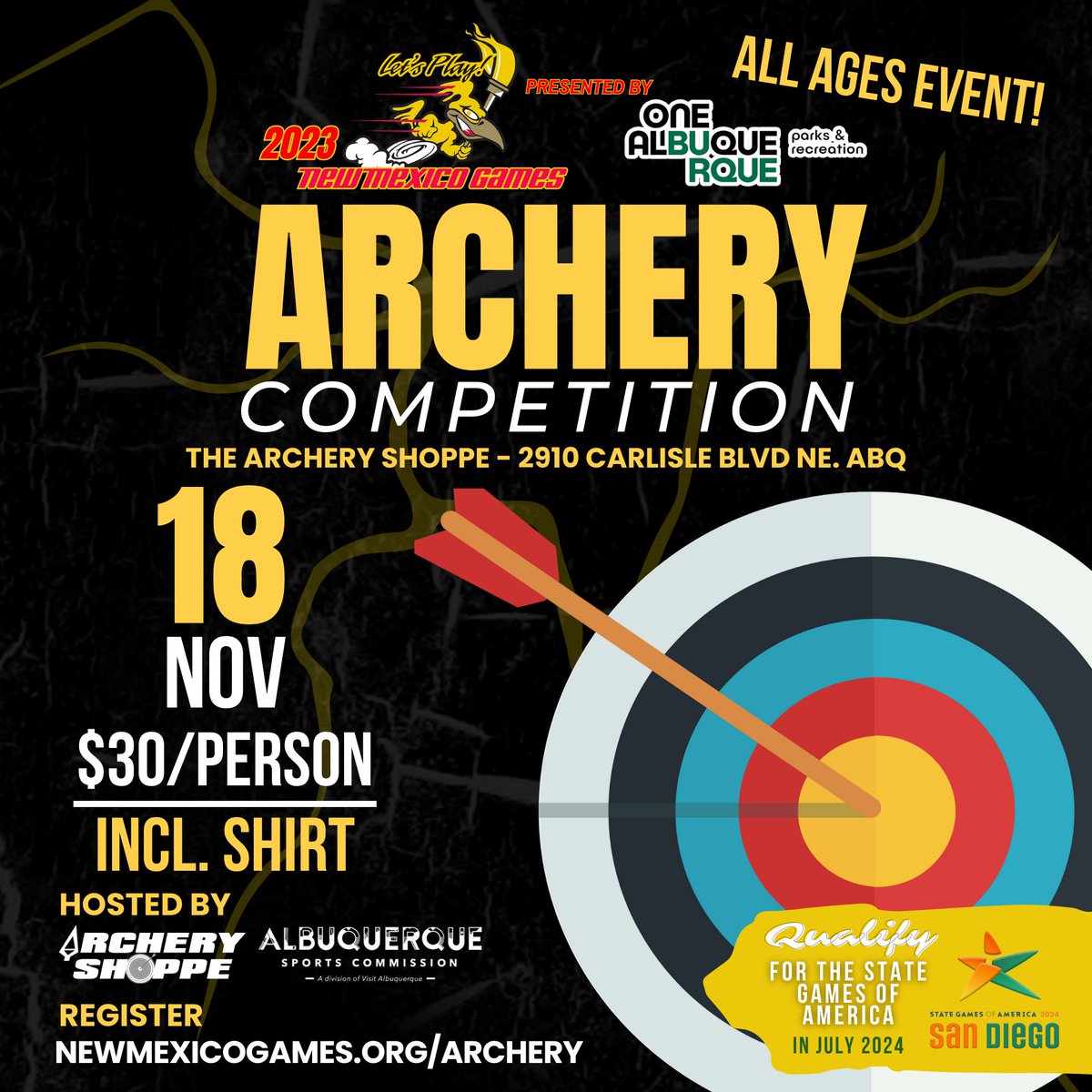 🎯 It's the 2023 #NewMexico Games #Archery Competition presented by @CABQParks! 🏹🏅 Join us November 18th for a Fletchin' Awesome time! Register: newmexicogames.org/archery
Hosted by Archery Shoppe & @VisitABQ 
#nmgames #goforgold #sga2024 #stategames #newmexicoarchery