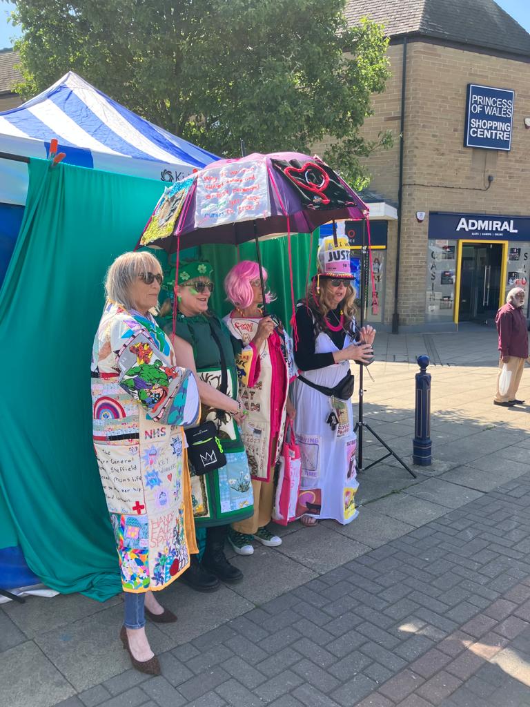 rockmistress's tweet photo. @sewingbee @paddygrant What about #Craftivism Week. @ThreadsSurvival #ThreadsOfSurvival  these garments in #Huddersfield Art Gallery till 8th June @HilCoxCondron @FluxRotherham @WovenInKirklees #Woven23 @999CallforNHS https://t.co/Cd7HKuS01a