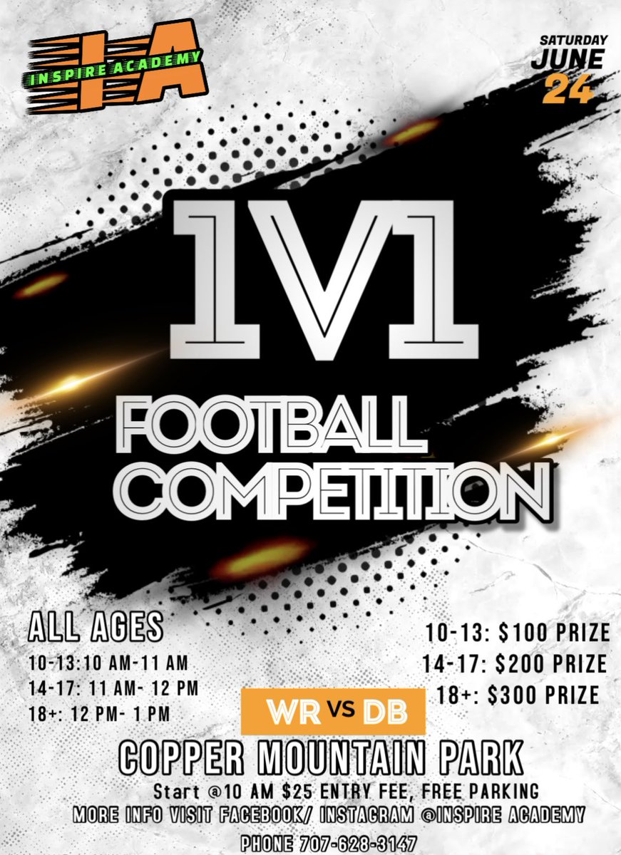 DBeSoSmoove's tweet photo. PLEASE SHARE AND SPREAD THE WORD❗️
Inspire Academy will be hosting a 1v1 Football Competition this Saturday, June 24th at Cooper Mountain Park in Butte.

Money talks and everything else walks, so pull up to win some cash money🔥 
Contact us to register https://t.co/t3I0mip5hQ