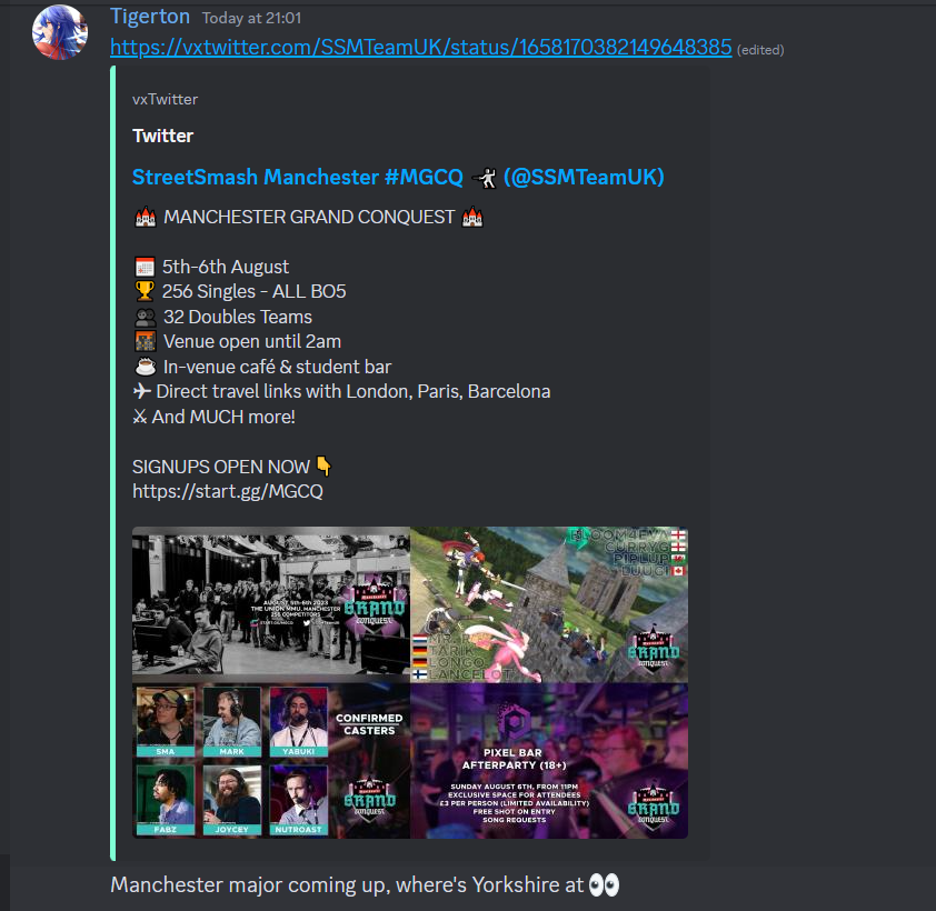 WEEZERFANSADLY's tweet photo. I just registered for Manchester Grand Conquest 2023 https://t.co/lyIRdxAYEN #MGCQ via @startgg (I lost) https://t.co/REwXDVNSKq
