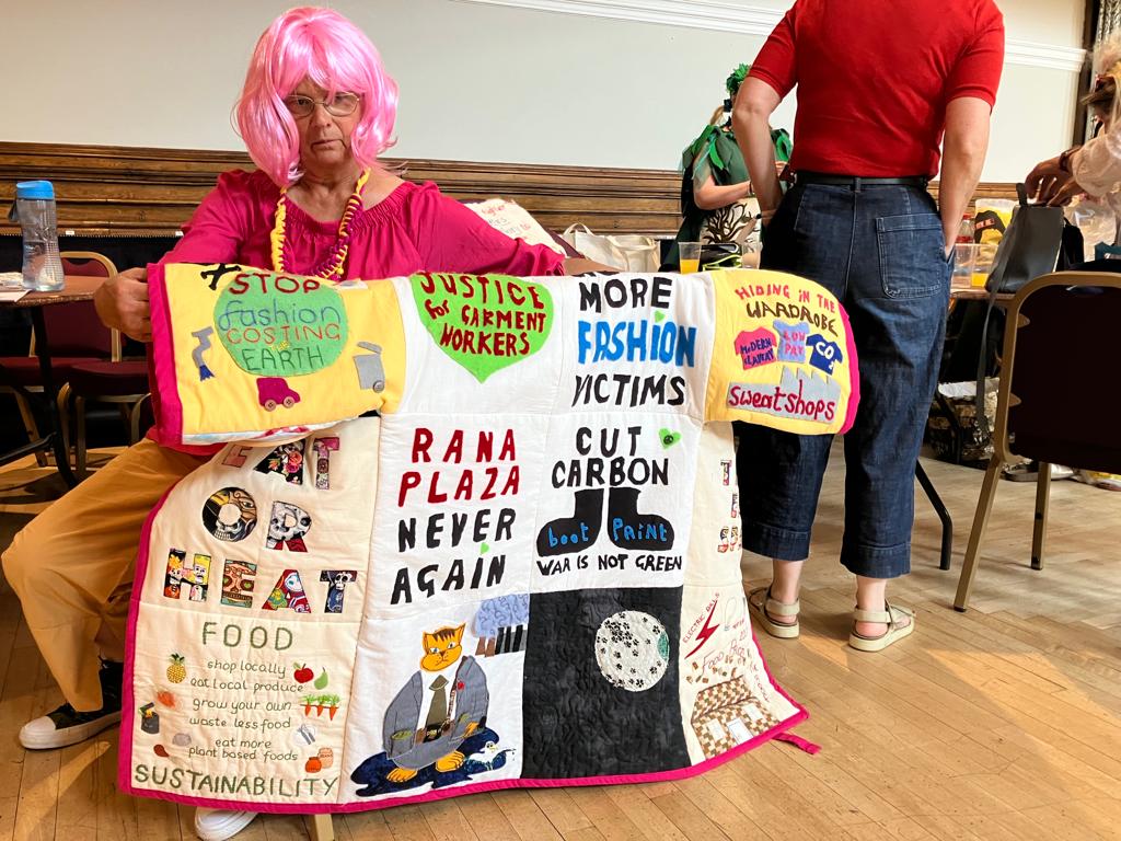 rockmistress's tweet photo. @sewingbee @paddygrant What about #Craftivism Week. @ThreadsSurvival #ThreadsOfSurvival  these garments in #Huddersfield Art Gallery till 8th June @HilCoxCondron @FluxRotherham @WovenInKirklees #Woven23 @999CallforNHS https://t.co/Cd7HKuS01a