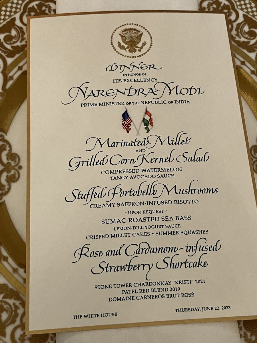 Got to taste the all-veg menu for the state dinner tomorrow. Thanks ⁦@FLOTUS⁩ for the gesture. Nod to millets. Saffron, and colors of the Indian and US flags. #ModiVisit