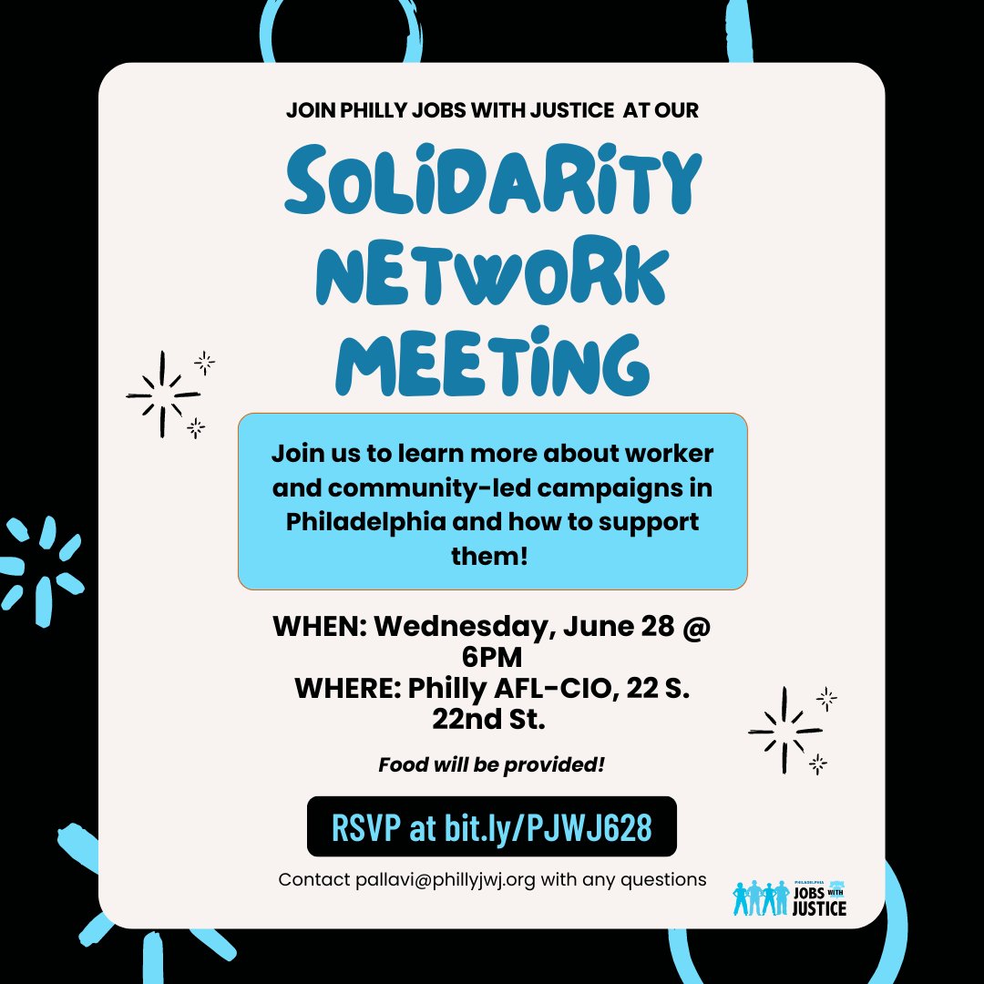 PhillyJwJ's tweet photo. Are you looking for a way to learn about and get involved with worker and community-led campaigns for a better Philadelphia? Join @PhillyJwJ next Wednesday for our Solidarity Network Meeting! 

RSVP: https://t.co/IhhVv0qSvj
WHEN: Wed., 6/28, 6PM
WHERE: 22 S. 22nd St. https://t.co/qgXxjvwcxO