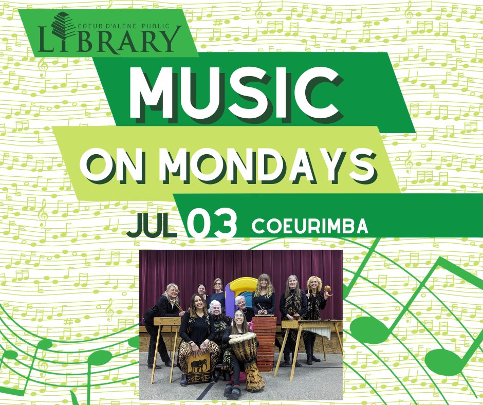 cdalibrary's tweet photo. Find us for Music on Mondays at 6 pm for a performance by Coeurimba – Monday, July 3 (6 pm)

#cdalibrary #musicatthelibrary #libraryprograms https://t.co/B9bm9iUuuy
