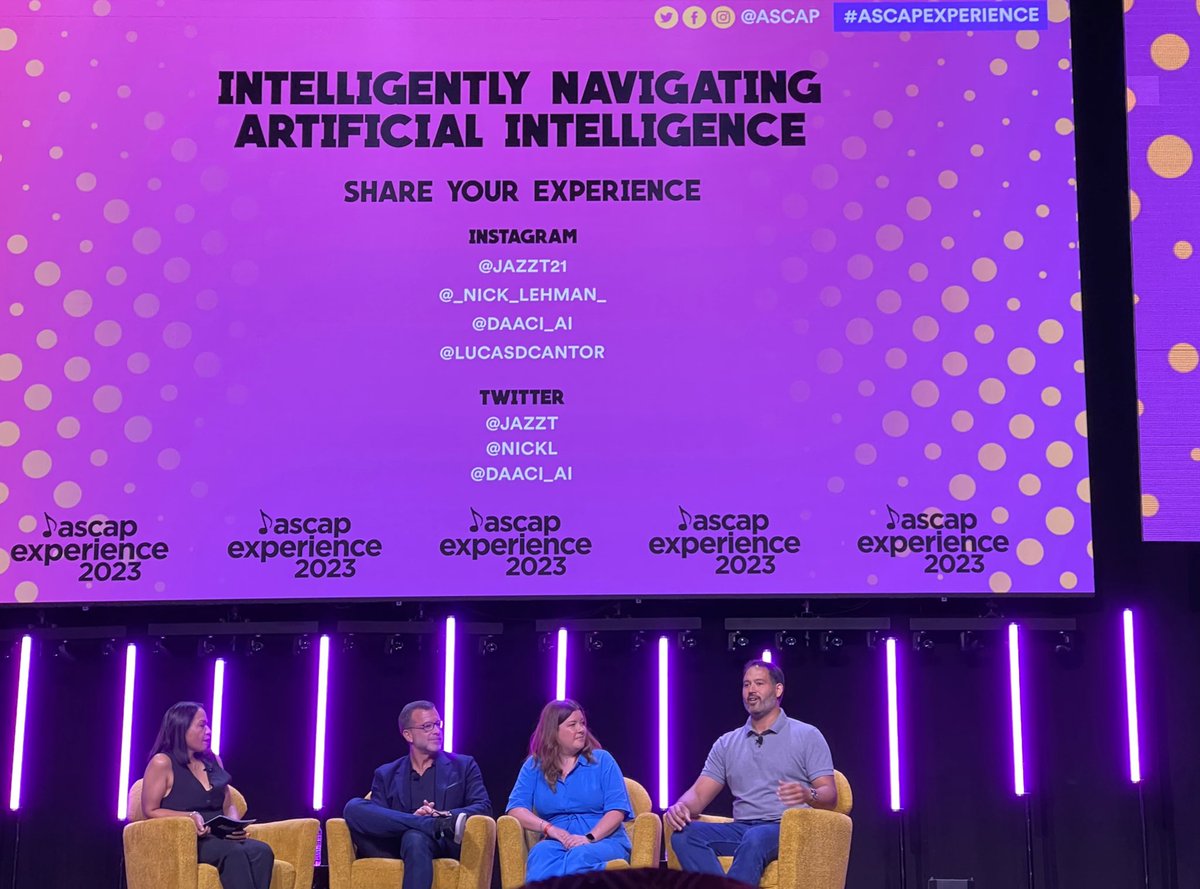 MisMiracles's tweet photo. @jazzt @nickL @daaci_ai &amp; #LucasCantor talking about the pros &amp; cons of #artificialintelligence in #musiccreation @ascap #ascapexpo #ascapexperience at the @avalonhollywood #ai https://t.co/GF6MeYDNtc