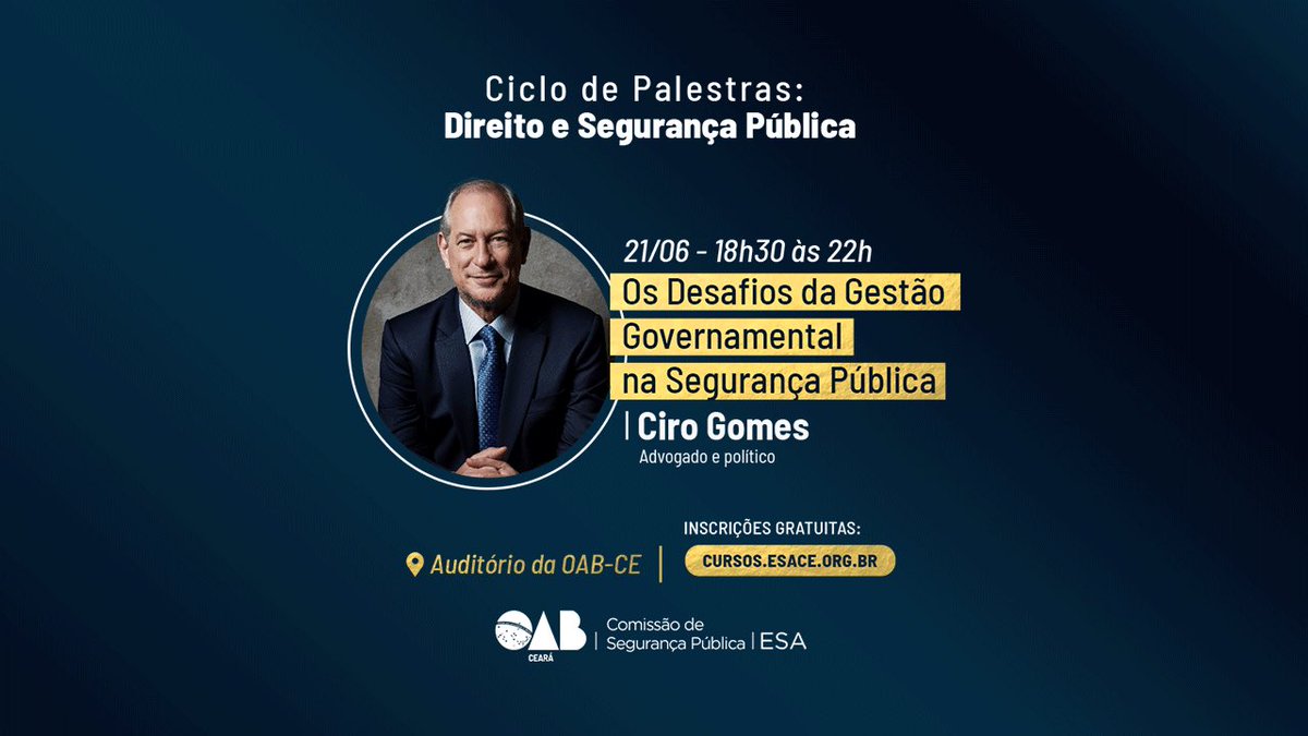 Ciro participa agora do ciclo de palestras de Direito e Segurança Pública, promovido pela OAB-CE e ESA-CE. Assista ao vivo a palestra com o tema: Os Desafios da Gestão Governamental na Segurança Pública. Deixe seu comentário e aproveite para compartilhar o vídeo em suas redes:
