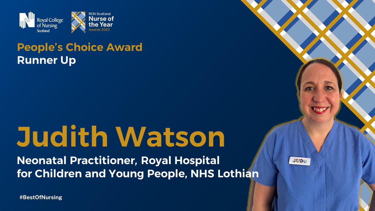 RCNScot's tweet photo. Congratulations also go to our runner up in the People’s Choice Category, Judith Watson, former Neonatal Practitioner (Now working as Diana Children’s Nurse, South East of Scotland) at the Royal Hospital for Children and Young People in NHS Lothian #BestOfNursing https://t.co/u0hOU6P0MK