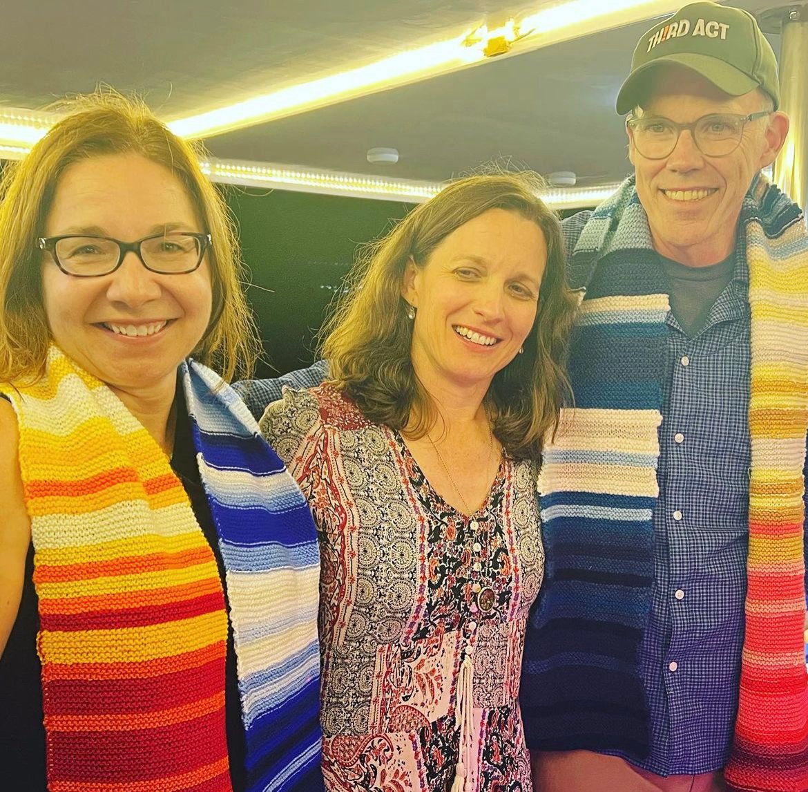 KHayhoe's tweet photo. Wearing your warming stripes is a great way to start a conversation about how climate has changed &amp; why it matters where you live. Here are @svitkrak, @BernWoodsPlacky, @billmckibben and of course stripes creator @ed_hawkins all practicing what we preach! https://t.co/6h4DsPUvhm https://t.co/oh09eJtpzt