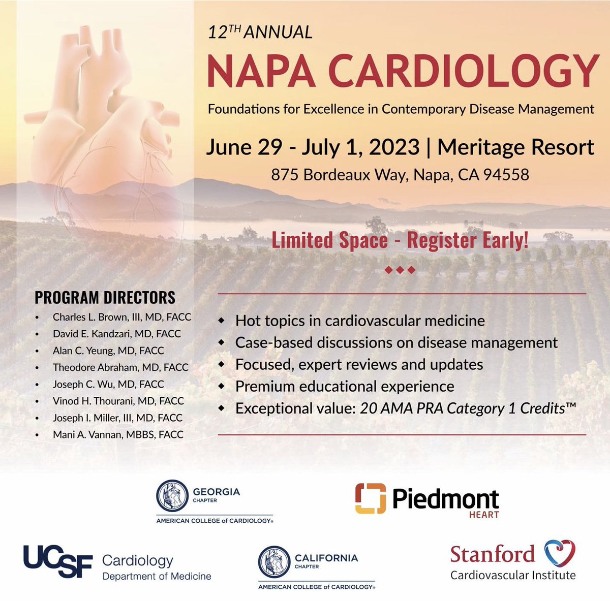 Next week, Thursday, June 29th - Saturday, July 1st, there will be a joint cardiology course in Napa at The Meritage Resort. We have 7 exceptional presenters from #UCSFCardiology. Use this link to register: napacardiology.accga.org @CaliforniaACC