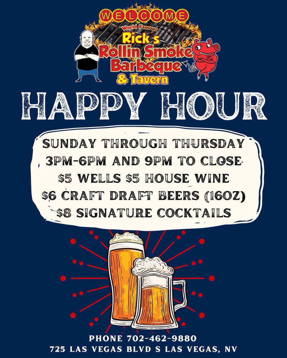 Happy Hour
Sunday through Thursday
3pm-6pm and 9pm to close
$5 wells
$5 house wine
$6 craft draft beers (16oz)
$8 signature cocktails
.
Located at @pawnplazavegas
725 Las Vegas Blvd S Las Vegas, NV
Phone 702-462-9880
rrsbbq.com
👇 Tag a #BBQ LOVER