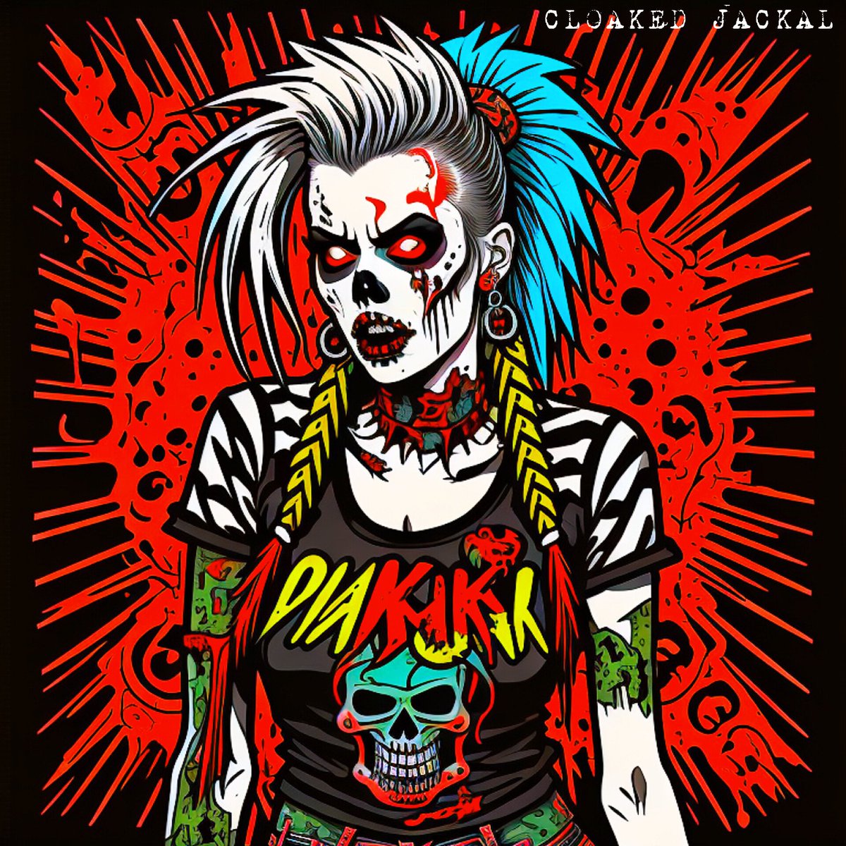 'Zombie Punk #1' #art #artwork #digitalart #artist #artistsoninstagram #artistic #creative #creativity  #creativeart #style #colorful #women #woman #zombie #punkrock #punk #music #pixel #pixelart #wallart #tone #poster #posterdesign #clothing #apparel #nft #nftart #cloakedjackal