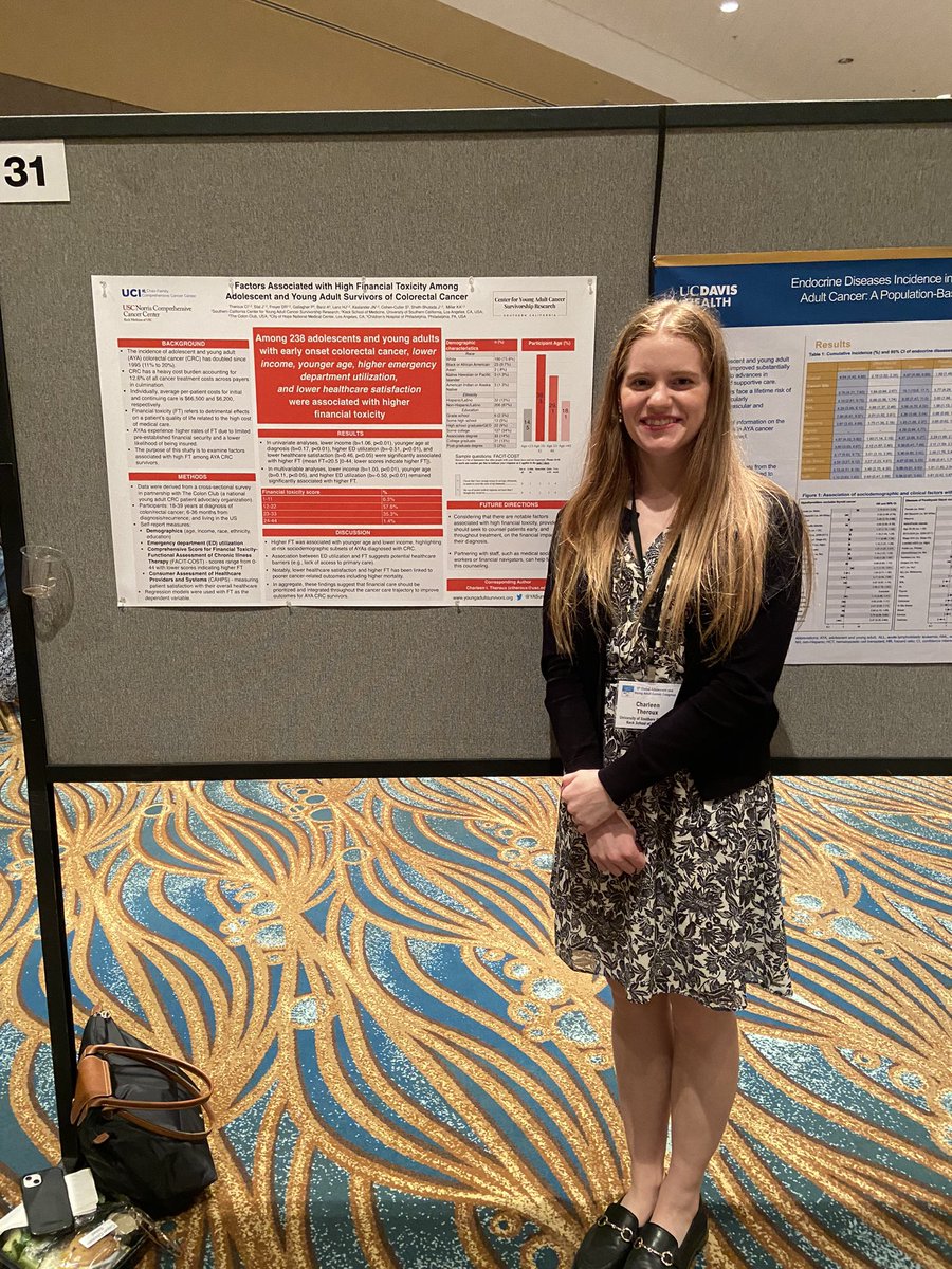 Our 2nd year PhD trainee Charleen presenting on financial toxicity among AYA colorectal cancer survivors @AYAGlobalCancer 👏🏻 @TheColonClub @CancerInsider @cIt3398 with co authors @JuliaStal1 @DrSallyCC @KimMillerPhD & others!#AYACancerCongress