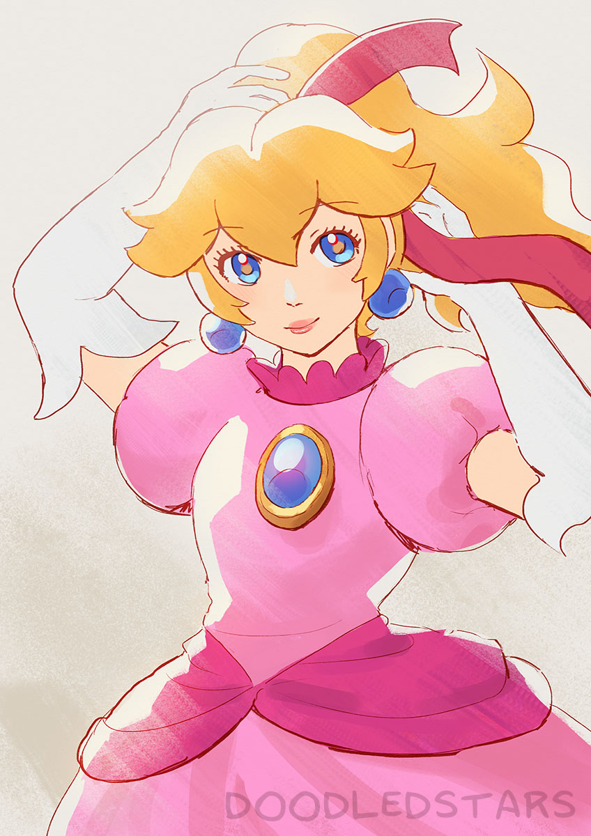 princess peach 1girl blonde hair solo gloves pink dress blue eyes dress  illustration images