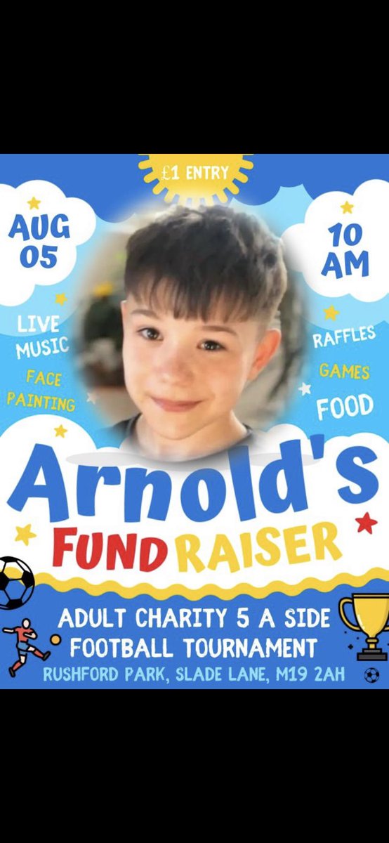 Let’s get as many teams as possible make this day one to remember for such a brave little lad. 5 a side tournament please get in touch to register a team the more the merrier ❤️❤️
