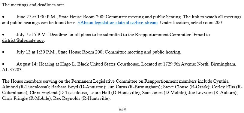 erindavisnews's tweet photo. #NEW Reapportionment chairs announced key dates and locations for public input in the congressional redistricting process. There will be a public hearing next Tuesday at the statehouse. #alpoltics https://t.co/Y73YjT0vIo