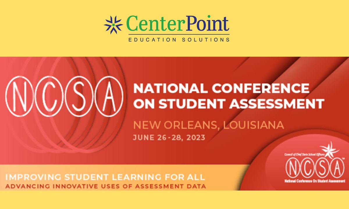 CenterPointEd's tweet photo. CenterPoint team members @LauraMSlover, @DrCHarmon, @EFGILBERT03, and @mirabelli_jim are  attending the National Conference on Student Assessment (NCSA) hosted by the Council of Chief State School Officers next week. Will we see you there? #NCSA2023 https://t.co/UrzAetj2kf