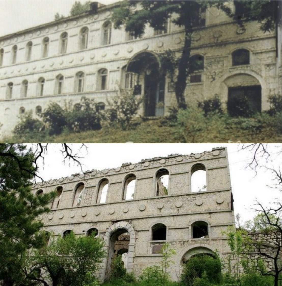 #NoPelosi This is the house of #Azerbaijani poetess Khurshudbanu Natavan, a historical and architectural monument of the 18th century in #Shusha, before and after #ArmenianVandalism #KarabakhisAzerbaijan👏👏👏 #building #game #GameArt   
Original: o_nigar