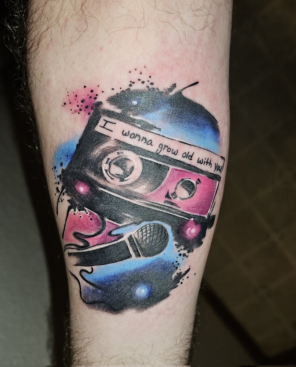 spielbergjr's tweet image. So, the wife and I got some @AdamSandler and @DrewBarrymore inspired tats. #WeddingSinger. When I proposed, I played that song. When he says, "I'll even let you hold the remote control," I handed her my old TV remote and then proposed. @jenniferrussom and #JamesRussom are 🔥🔥!