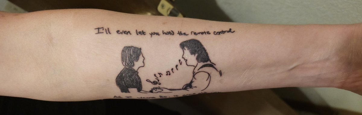 spielbergjr's tweet image. So, the wife and I got some @AdamSandler and @DrewBarrymore inspired tats. #WeddingSinger. When I proposed, I played that song. When he says, "I'll even let you hold the remote control," I handed her my old TV remote and then proposed. @jenniferrussom and #JamesRussom are 🔥🔥!