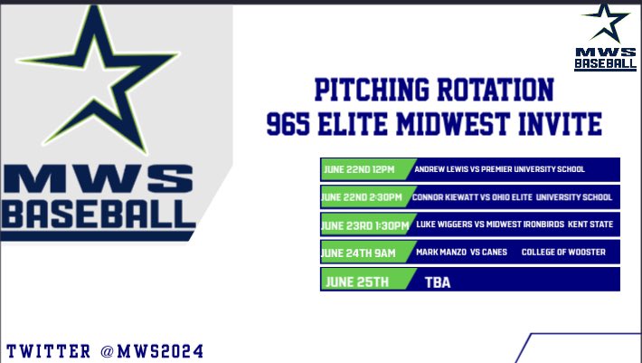 MidWest Stars 18U 2025 (@2025mws) on Twitter photo Pitching Rotation for this weeks <a href="/965MWC_Scouting/">Midwest Challenge Tournaments Scouting Coverage</a> Elite MidWest Invite 💫
<a href="/AndrewLewis2006/">Andrew Lewis</a> vs Premier
<a href="/KiewattConnor/">Connor Kiewatt</a> vs Ohio Elite
<a href="/wiggzy06/">Luke Wiggers</a> vs MidWest IronBirds
<a href="/mark_manz8/">Mark Manzo Jr</a> vs Canes
#ShineBright💫 Pitching Rotation for this weeks <a href="/965MWC_Scouting/">Midwest Challenge Tournaments Scouting Coverage</a> Elite MidWest Invite 💫
<a href="/AndrewLewis2006/">Andrew Lewis</a> vs Premier
<a href="/KiewattConnor/">Connor Kiewatt</a> vs Ohio Elite
<a href="/wiggzy06/">Luke Wiggers</a> vs MidWest IronBirds
<a href="/mark_manz8/">Mark Manzo Jr</a> vs Canes
#ShineBright💫