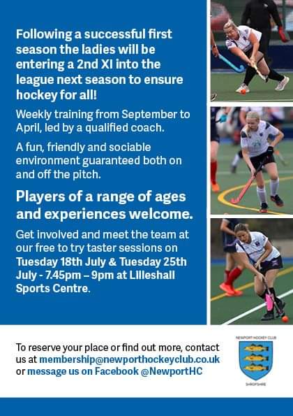 We are looking for new ladies players to join the club! 

Free to try, taster sessions! These are for ages 14+ and all experiences are welcome!
To get involved, or find out more, please send us a message or email: membership@newporthockeyclub.co.uk

We hope to see you soon!