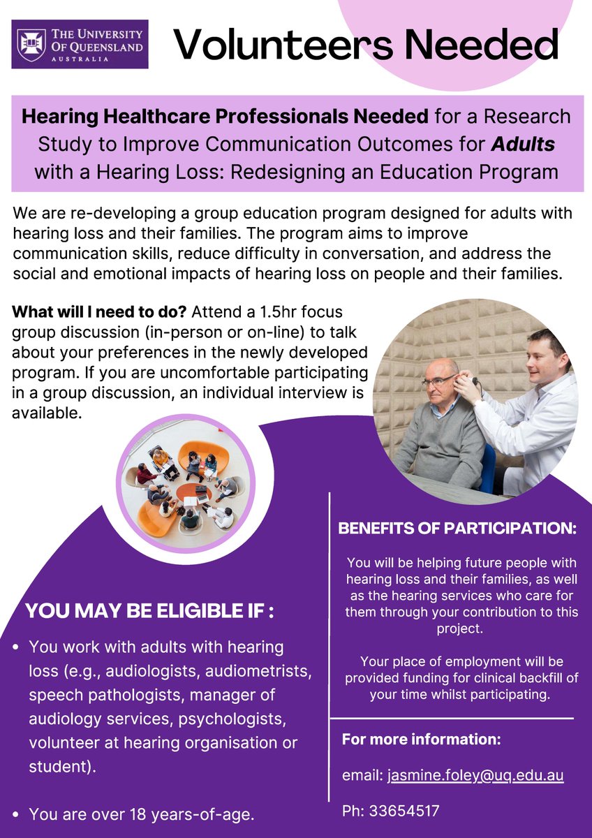 Australian hearing professionals needed: Focus group participation. Help reimagine group education, improve care &amp; empower adults with hearing loss.
