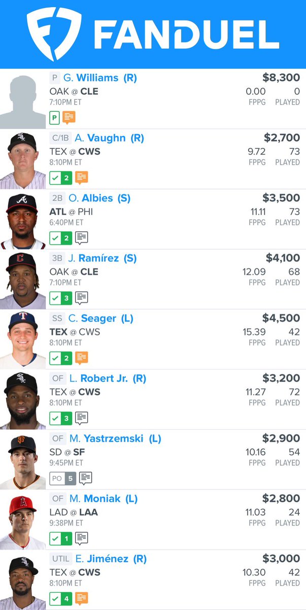 ⚾️MLB LINEUP⚾️
🟡FOLLOW AND LIKE🟡
#DFS #Fanduel #Draftkings #MLB  WE GOING WITH THE PROSPECT 
LETS GET THIS MONEY 💰