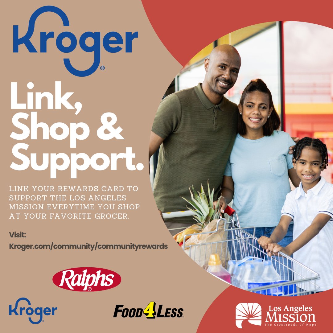 Link your shopper rewards card to support the Los Angeles Mission everytime you shop at your favorite grocer. Visit: Kroger.com/community/comm…. #weareheretohelp #skidrow #friends #neighbors #losangeles