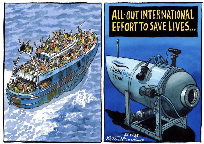 Cartoon4sale's tweet image. Peter Brookes on #refugees #titanicsub #titanicsubmersible - political cartoon gallery in London original-political-cartoon.com