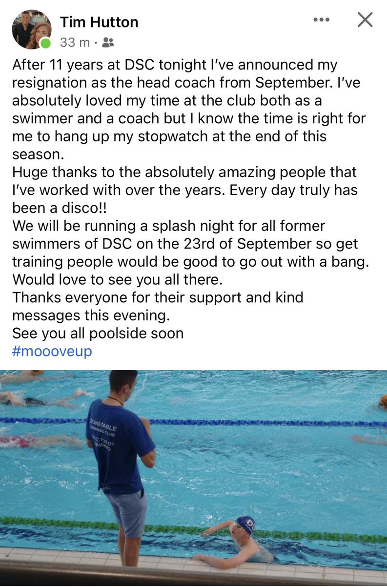 @DunstableSC 
As the end of an era approaches we encourage all of our swimmers past and present to attend an extra special splash night of 23rd September! 
Lets give Tim a super send off and wish him every success and happiness in his future adventures… #gettrainingtim #mooveup