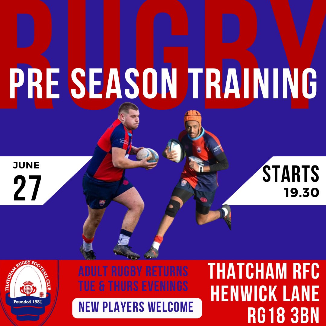 🚨 Adult Men’s Pre Season Kicks Off 27.06.23 🚨

New Players Always Welcome! 

#rugby #thatcham #westberkshire #newbury